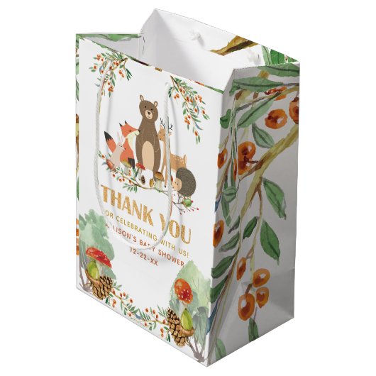 Woodland Baby shower Dank u Medium Cadeauzakje (Achterkant Gekanteld)