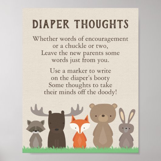 Woodland Baby shower Diaper Thoughts Game Sign Poster (Voorkant)
