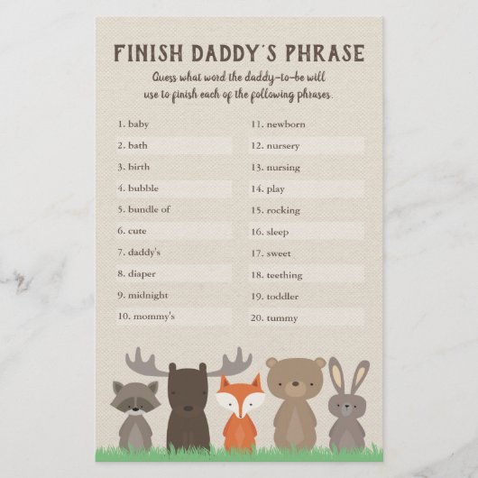 Woodland Baby shower Finish Papa's Phrase Game Flyer (Voorkant)