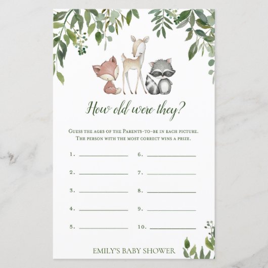 Woodland Baby shower Game - Hoe oud waren ze? (Voorkant)