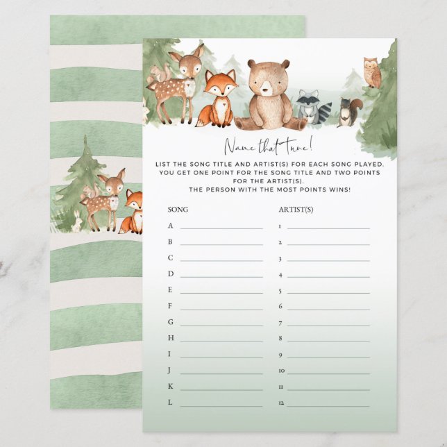 Woodland Baby shower Game Name that Tune (Voorkant / Achterkant)