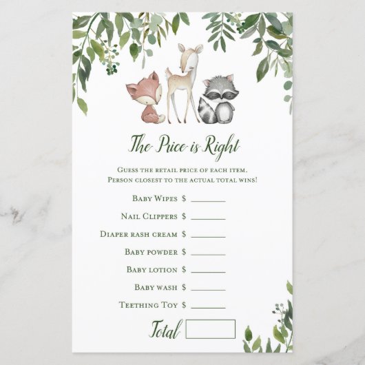 Woodland Baby shower Game - Prijs is juist (Voorkant)
