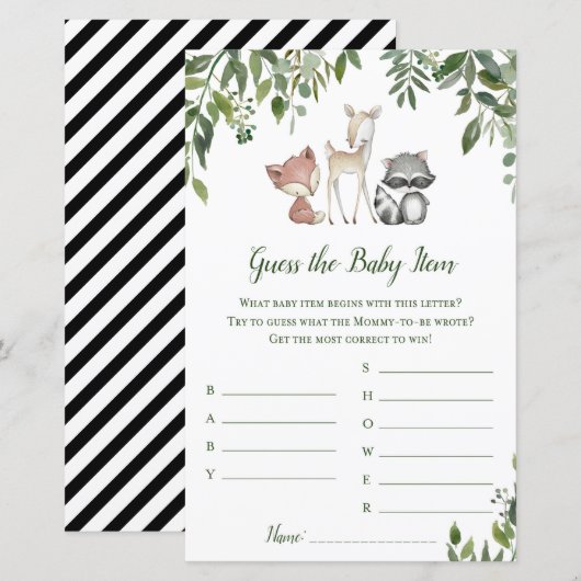 Woodland Baby shower Game - Raad Baby (Voorkant / Achterkant)