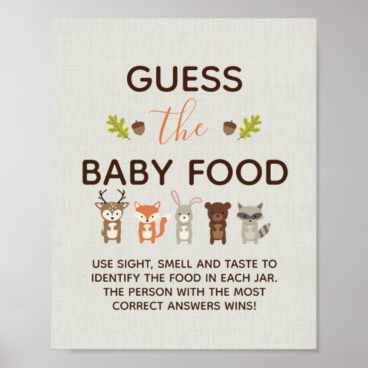 Woodland Baby shower Game - Raad eens de Baby Food Poster (Voorkant)