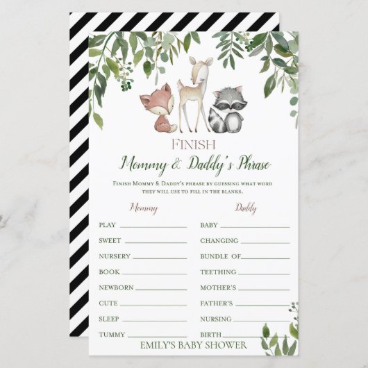 Woodland Baby shower Game - Voltooi de term (Voorkant / Achterkant)