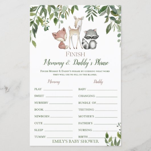 Woodland Baby shower Game - Voltooi de term (Voorkant)