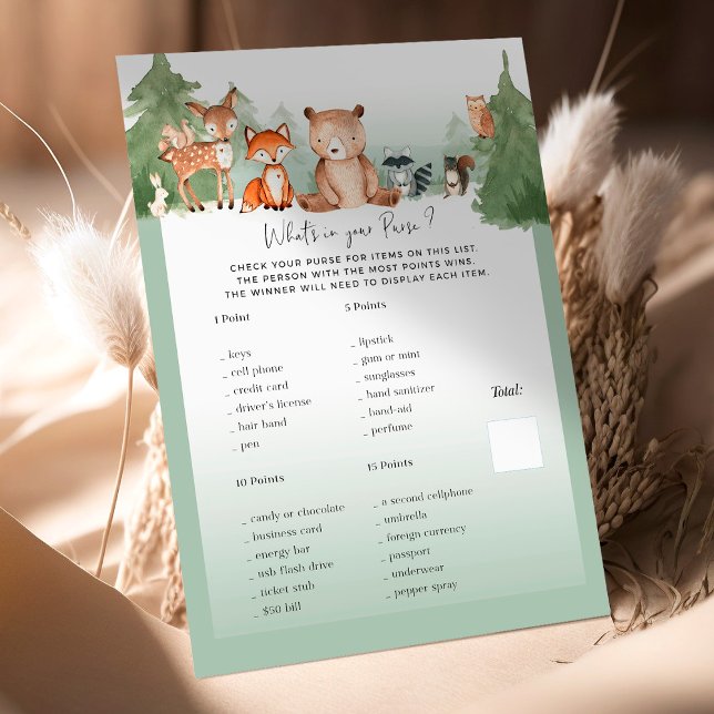 Woodland Baby shower Game Wat zit er in je tas? (Creator heeft geüpload)