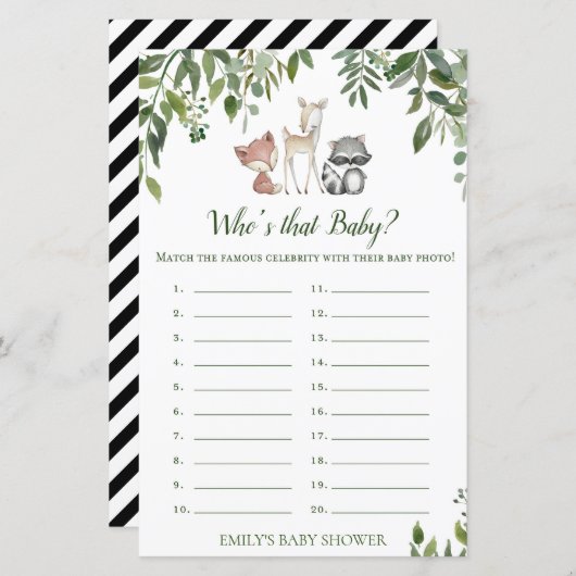Woodland Baby shower Game - Wie is dat Baby (Voorkant / Achterkant)