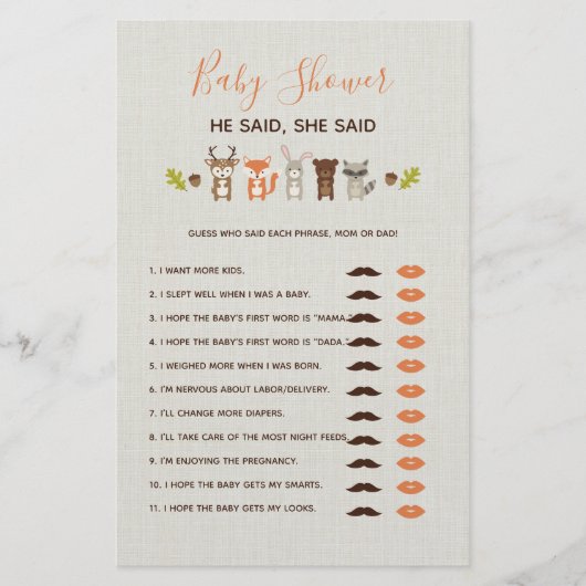 Woodland Baby shower Game zei ze: (Voorkant)