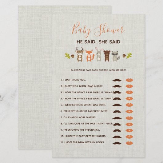 Woodland Baby shower Game zei ze: (Voorkant / Achterkant)