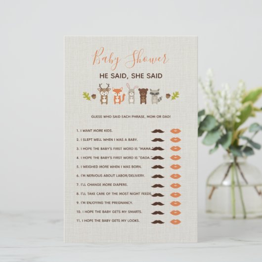 Woodland Baby shower Game zei ze: (Staand voorkant)