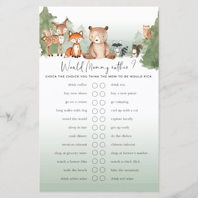 Woodland Baby shower Game zou mammie in plaats van (Voorkant)