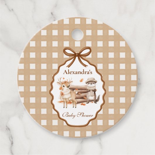 Woodland Baby shower Gingham Neutral Bedankjes Labels (Voorkant)