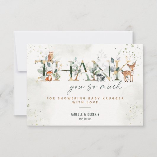 Woodland Baby shower groen dank u nota nemen van K Bedankkaart (Voorkant)