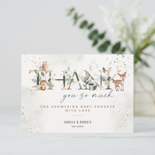 Woodland Baby shower groen dank u nota nemen van K Bedankkaart (Staand voorkant)