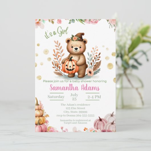 Woodland Baby shower Herfst Pompoen Meisje Kaart (Staand voorkant)