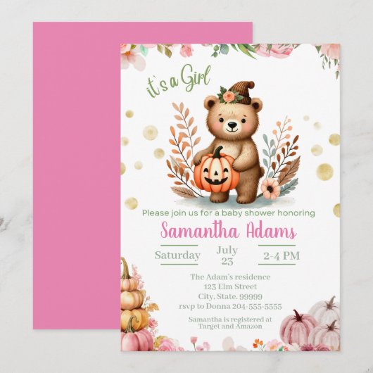 Woodland Baby shower Herfst Pompoen Meisje Kaart (Voorkant / Achterkant)