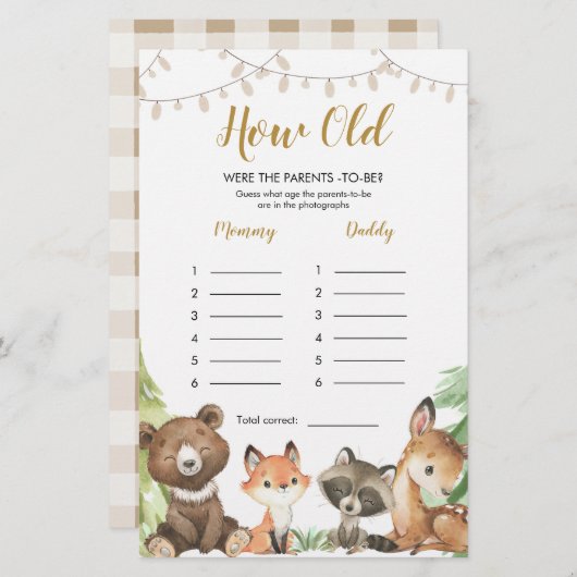 Woodland Baby shower Hoe oud waren de ouders? (Voorkant / Achterkant)