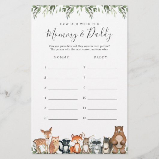 Woodland Baby shower Hoe oud waren ze spel Kaart (Voorkant)