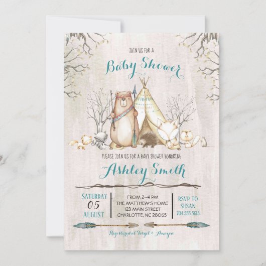 Woodland Baby shower Invitation, beer boy Kaart (Voorkant)