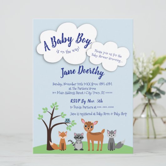 Woodland Baby shower Invitation - Bos Dieren Kaart (Staand voorkant)