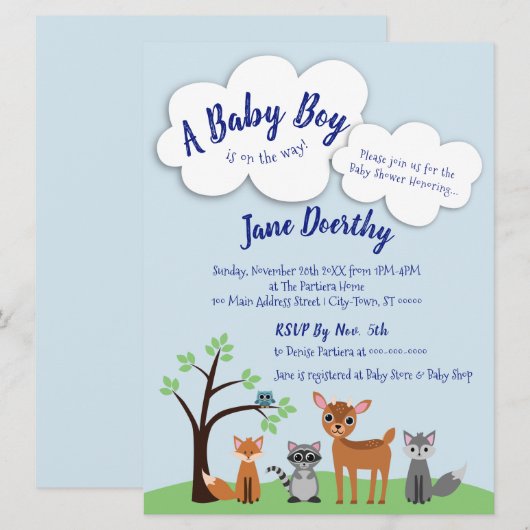 Woodland Baby shower Invitation - Bos Dieren Kaart (Voorkant / Achterkant)