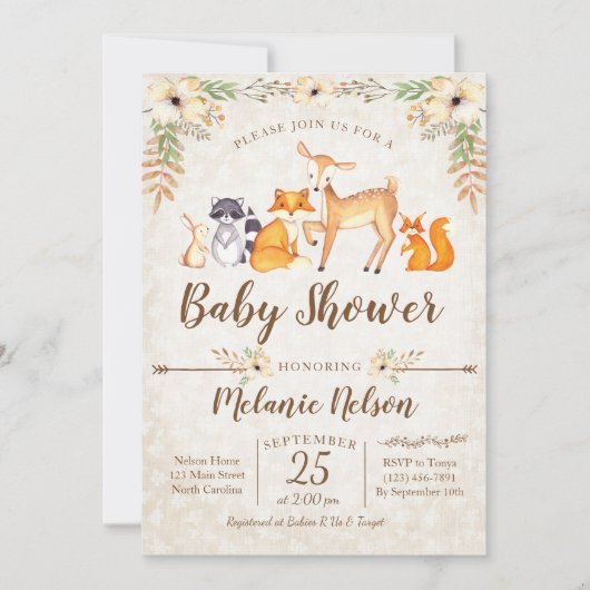 Woodland Baby shower Invitation Deer Fox Animal Kaart (Voorkant)