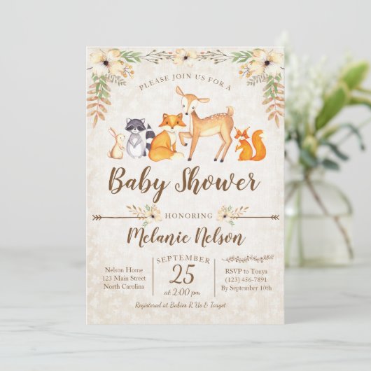 Woodland Baby shower Invitation Deer Fox Animal Kaart (Staand voorkant)