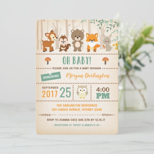Woodland Baby shower Invitation Forest Animals Kaart (Staand voorkant)