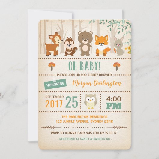 Woodland Baby shower Invitation Forest Animals Kaart (Voorkant)