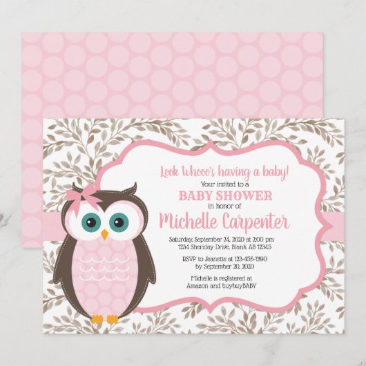 Woodland baby shower Invitation Girl Pink Brown Kaart (Voorkant / Achterkant)