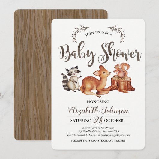 Woodland Baby shower Invitation Kaart (Voorkant / Achterkant)