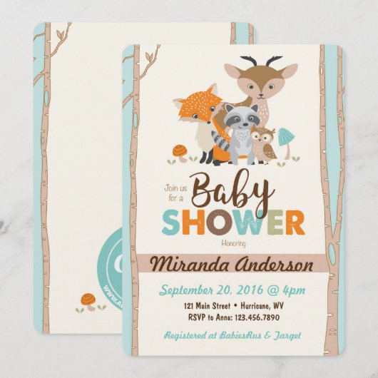 Woodland Baby shower Invitation Kaart (Voorkant / Achterkant)