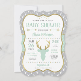 Woodland Baby shower Invitation, Mint, Grijs, Goud Kaart