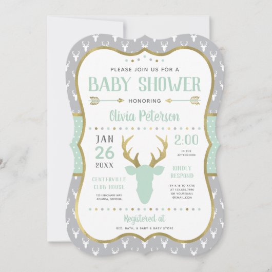 Woodland Baby shower Invitation, Mint, Grijs, Goud Kaart (Voorkant)
