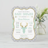Woodland Baby shower Invitation, Mint, Grijs, Goud Kaart (Staand voorkant)