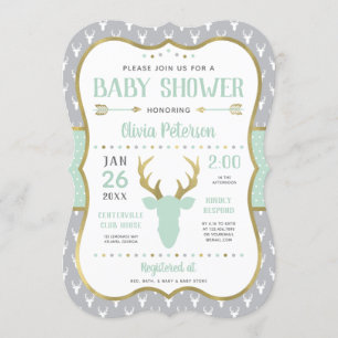 Woodland Baby shower Invitation, Mint, Grijs, Goud Kaart