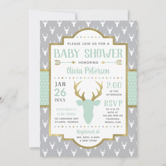 Woodland Baby shower Invitation, Mint, Grijs Kaart (Voorkant)