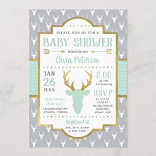 Woodland Baby shower Invitation, Mint, Grijs Kaart