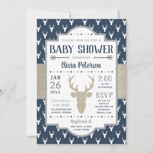 Woodland Baby shower Invitation, Navy, Burlap Kaart (Voorkant)