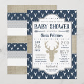 Woodland Baby shower Invitation, Navy, Burlap Kaart (Voorkant / Achterkant)