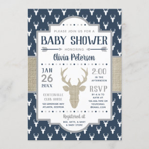 Woodland Baby shower Invitation, Navy, Burlap Kaart