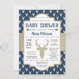 Woodland Baby shower Invitation, Navy, Burlap Kaart