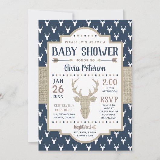 Woodland Baby shower Invitation, Navy, Burlap Kaart (Voorkant)