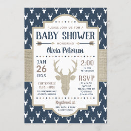 Woodland Baby shower Invitation, Navy, Burlap Kaart