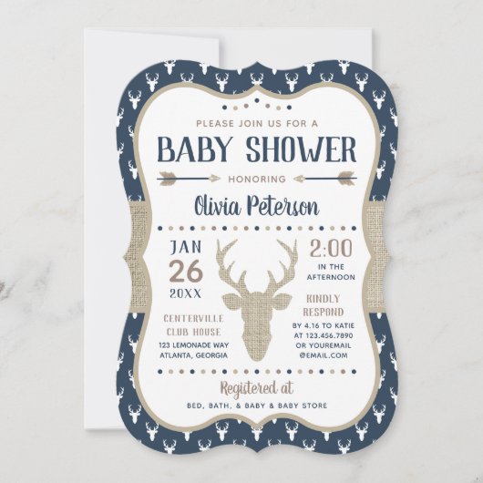 Woodland Baby shower Invitation, Navy, Burlap Kaart (Voorkant)
