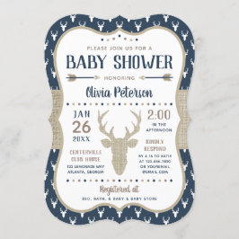 Woodland Baby shower Invitation, Navy, Burlap Kaart