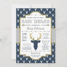 Woodland Baby shower Invitation, Navy, grijs, goud Kaart