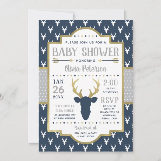 Woodland Baby shower Invitation, Navy, grijs, goud Kaart (Voorkant)