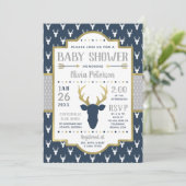 Woodland Baby shower Invitation, Navy, grijs, goud Kaart (Staand voorkant)
